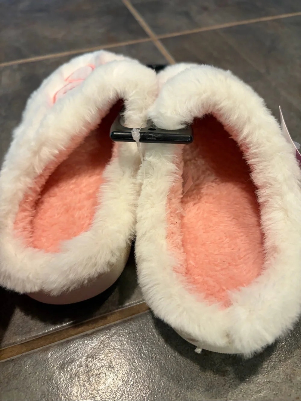 NWT Fuzzy White Slippers with Pink Bow Accent